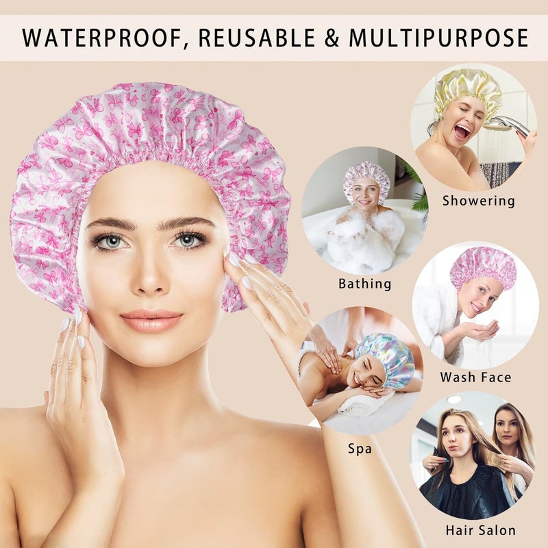 CHFONG Shower Caps for Women, 4 PCS Elastic and Reusable Bath Caps, Double Layers Shower Cap Reusable Waterproof, Bathing Shower Caps, Environmental Bath Hair Protection Cap - Bow - Image 3